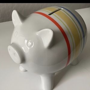 White Ceramic Striped Piggy Bank minimal & modern